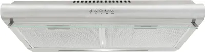 A stainless steel range hood with a glass panel, viewed from the front.