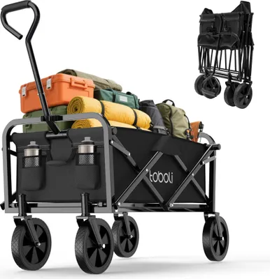 Produktbild von Toboli Bollerwagen faltbar offroad schwarz, Faltbollerwagen belastbar bis 100 kg, Klappbollerwagen für Strand, Garten, Einkäufe