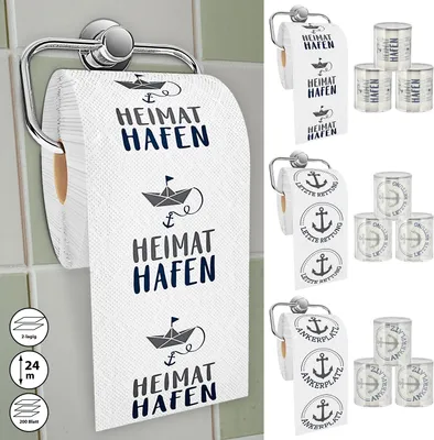 Produktbild von Toilettenpapier maritim 12er Set 3 Motiven 24m 2-lagig PVC 18g/qm Klopapier bedruckte Rollen WC-Papier