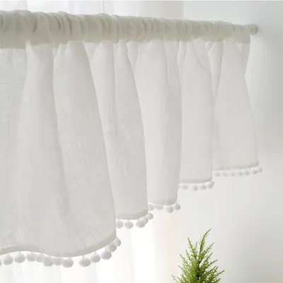 Immagine prodotto di Tenda a pannelli in stile boho effetto lino, tenda da bistrot con pompon, tenda corta per cucina, soggiorno e camera da letto, L132 x A46 cm