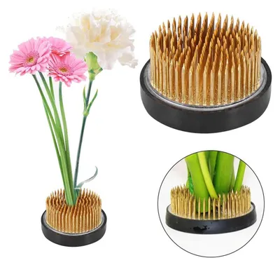A collage of images showing a flower frog (also known as a kenzan or flower holder) with and without flowers.