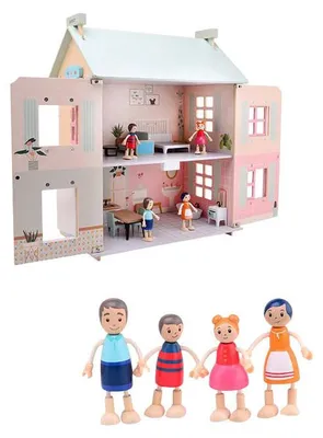 Image de Maison de poupées en bois Joueco - comprenant 15 meubles et 4 poupées