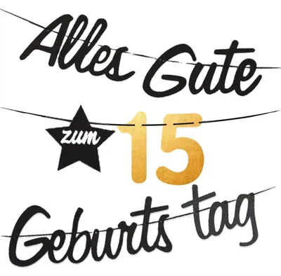 Immagine prodotto di Festoni per compleanno, 15 anni, colore oro e nero, con glitter, in cartoncino, lunghezza 3 metri