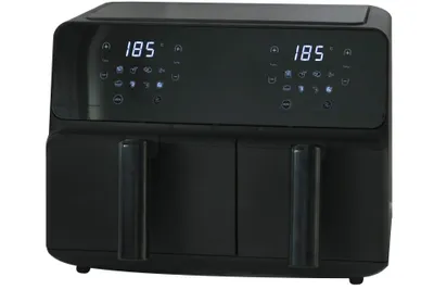 A black dual-basket air fryer is shown against a white background.