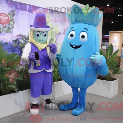 Produktbild von Maskottchenfigur REDBROKOLY einer blauen Rübe mit Etuikleid und Digitaluhren