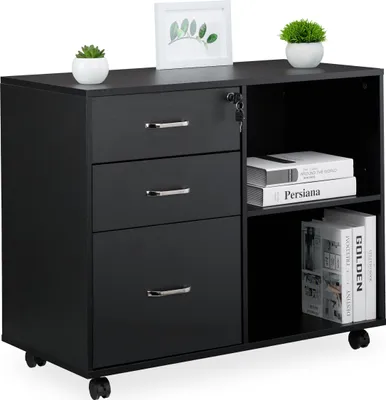 Obrázok produktu pre Kolejčkový kontajner Relaxdays, 3 zásuvky, 2 priehradky, zavesené zložky, VxŠxH: 66x80x40 cm, uzamykateľná kartotéka, čierna