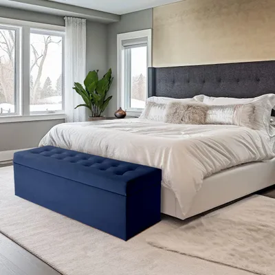 Produktbild von MG Design Polsterhocker Marineblau 45x120 cm - Stauraum 140L, bis 300 kg, samtig-weich mit Schimmer, pflegeleicht, für Wohnzimmer & Flur