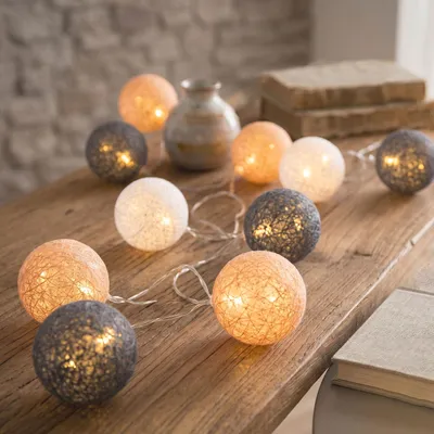 Produktbild von 10er Lichterkette LED Kugeln Lampions Baumwolle Orange Weiß Baumwolle Warmweiß Deko