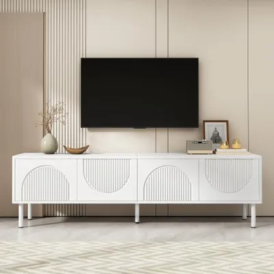 Image de AIORBER Buffet TV moderne 180 cm avec espace de rangement, surface mate, portes coulissantes 3D et gestion des câbles - Design minimaliste - Blanc