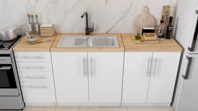 Produktbild von Küche Küchenzeile Küchenblock Hängeschränke Spülenschrank Anrichte mit Schubladen 180cm Weiss+Eiche Craft Gold - Inez
