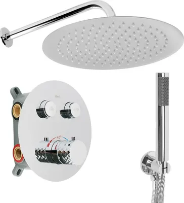 A set of chrome shower fixtures including a shower head, a wall-mounted control panel, and a handheld shower head with hose, all displayed against a white background.