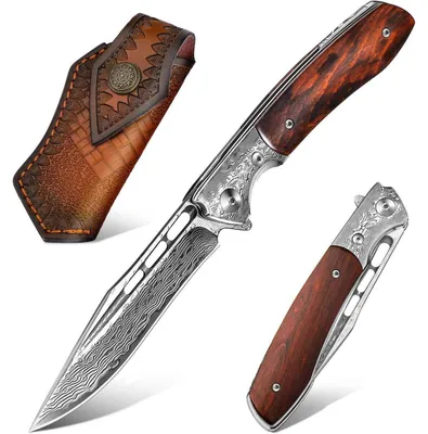 Immagine prodotto di Coltello tascabile in acciaio damasco, 97 strati, durezza 60 HRC, con manico in legno e fodero in pelle