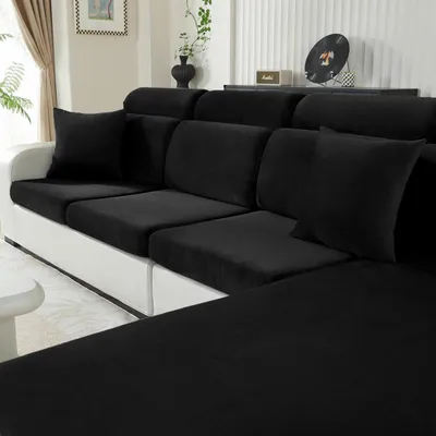 Productafbeelding van Kussenhoes van fluweel voor chaise longue, stretch hoes voor bank, antislip, wasbaar, zwart