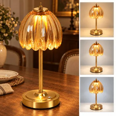 Produktbild von Nachttischlampe mit Akku, bernsteinfarbenes Glas und goldfarbenes Metall, Kabellose Tischlampe, Touch-Dimmer, 3 Lichtfarben, USB-C, für Wohnzimmer