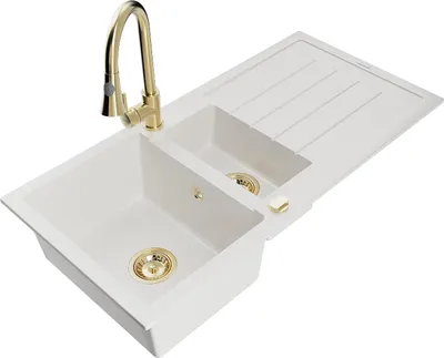 Immagine prodotto di Mexen Andres lavello in granito a 1,5 vasca con scolapiatti e miscelatore da cucina Elia, bianco - 6515-20-670101-50