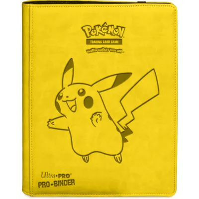 A yellow Pokemon trading card binder with Pikachu on the front.