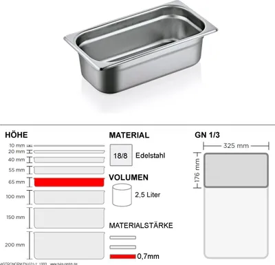 Gastronorm Behälter GN 1/3 - 65mm - GN90 - 18/8 Edelstahl - 0,7mm