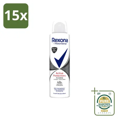 Zdjęcie produktu dla 15 sztuk dezodorantu w sprayu Rexona Active Protection Invisible – pojemność 150 ml – zestaw ekonomiczny