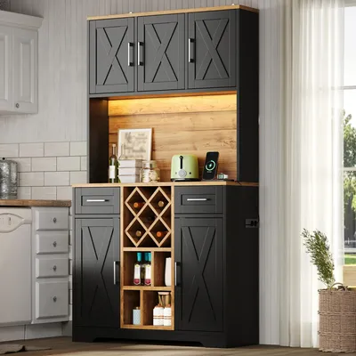 Produktbild von STILVORA Küchenschrank mit LED-Beleuchtung, Vorratsschrank mit Weinregalen, Vitrinenschrank mit Weinschrank für Wohnzimmer und Esszimmer,Schwarz