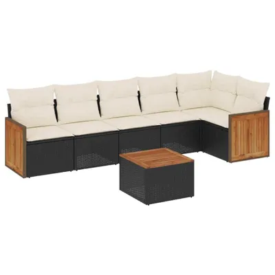 Produktbild von Modulares Garten-Sofa-Set, 7-teilig, mit Akazienholz-Tisch, Poly Rattan Schwarz, cremeweiße Kissen, UV-beständig