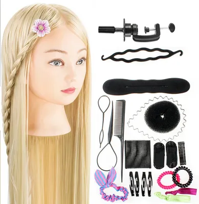 Produktbild von Cvičná hlava so stolovou svorkou a stylingovými doplnkami - kadernícka hlava - kadernícka cvičná hlava - hlava bábiky - blond vlasy - 70 cm