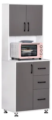 Image de Buffet de cuisine armoire de cuisine multi-rangements 2 + 1 porte 3 tiroirs + grand plateau dim. 60L x 40l x 160H cm bicolore gris blanc