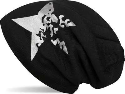 Produktbild von styleBREAKER warme Feinstrick Beanie Mütze mit Vintage Stern Print und sehr weichem Innenfutter, Slouch Longbeanie, Uni 04024088