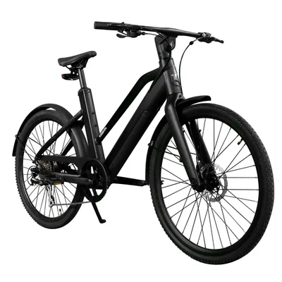 A black electric bicycle is shown against a white background.