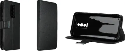 Three views of a black phone case.