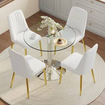 Produktbild von Esstisch-Set 85cm Rund Sicherheitsglas mit 4 PolyurethanStühlen weiß-Gold | Moderne Sitzgruppe für Küche & Esszimmer | Platzsparende Essgruppe Hochwertig & Stabil