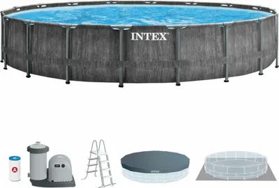 An Intex Prism Frame Greywood pool and its accessories are displayed against a white background.