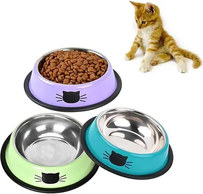 Produktbild von PolkaHome® Katzenfutternapf aus Edelstahl, 3er-Set, rutschfest, Katzennapf mit Schnurrhaar-Design, klein, für Katzen und Hunde