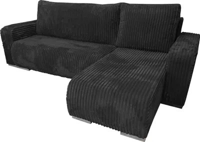 A black sectional sofa with a corduroy texture is shown against a white background.