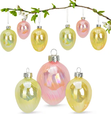 Produktbild von Glas-Ostereier Frühlingsschimmer, 199_Bitte wählen:12er Set - 4x6 cm & 5x8 cm, 200_Farbe:Glaseier - Gelb / Rosa / Grün