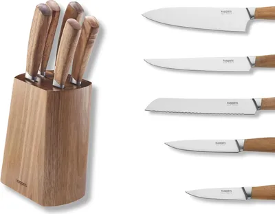 Produktbild von 5-teiliges Messerblock mit Messerset - Spickmesser, Universalmesser, Fleischmesser, Kochmesser, Brotmesser - Akazienholzblock