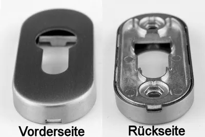 Two views of a door escutcheon plate, one showing the front and the other the back.