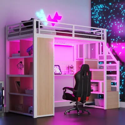 Produktbild von MODFU Metall-Hochbett 90x200 cm mit LED-Lichtleiste und großem Stauschrank,Jugendbett mit Kleiderschrank und Schreibtisch,Einzelbett mit Steckdosen nach europäischer Norm,Mit Matratze,Weiß