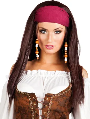 A woman wearing a pirate costume, including a wig with beads.