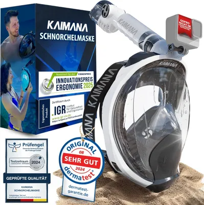 Produktbild von Die Preisgekrönte KAIMANA Schnorchelmaske für Erwachsene L/XL - absolut CO2 sicher - inkl. Tragetasche - Tauchermaske - Vollgesichtsmaske Tauchmaske