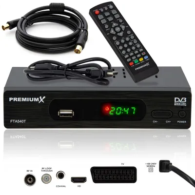 Zdjęcie produktu dla Odbiornik cyfrowy DVB-T2 PremiumX FTA 540T Full HD Kabel antenowy USB SCART HDMI