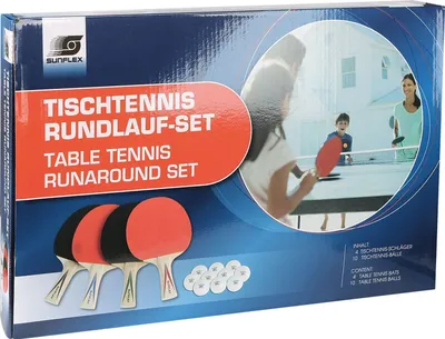 Produktbild von Sunflex Tischtennis Rundlauf Set | 4 x Tischtennisschläger und 10 x Tischtennisbälle