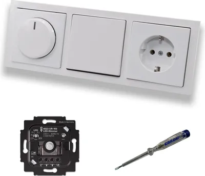 Produktbild von Busch Jäger 6523UR-103 LED Drehdimmer Dimmer + Scheibe 6540-84-102 + Kreuzschalter 2000/7US + Steckdose mit Kinderschutz 20EUCKS-84 Future Linear Studioweiß + EBROM Phasenprüfer zur Montage der Geräte