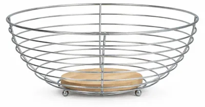Immagine prodotto di Vassoio portafrutta in metallo con base in legno – Ø 28,5 cm – Cesto portafrutta moderno – Decorazione per la cucina e la tavola