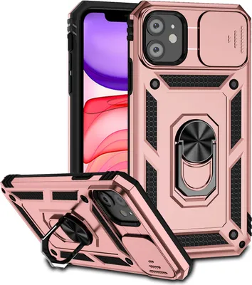 Produktbild von iPhone 11 Hülle mit Schiebe Kamera Schutz und Ringhalter Ständer Robust Rüstung Schutzhülle für iPhone 11 Rosa
