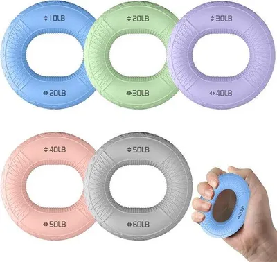 Produktbild von Set mit 5 Hand- und Fingerübungsgeräten, Handkrafttrainer, Greifkraftverstärker, zur Rehabilitation, mit verschiedenen Widerstandsstufen, ideal für Finger und Hand