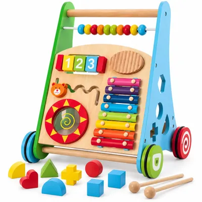 Image de Rijoka : Voiturette en bois pour apprendre à marcher - Voiturette pour bébés | 38 x 32 x 46 cm | Multicolore