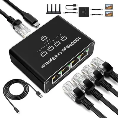 Obrázek produktu pro LAN rozbočovač 1 na 4 – ethernetový rozbočovač se 4 porty – 1000 Mb/s – ethernetový switch/internetový rozbočovač – s kabelem USB-C – pro počítačová síťová zařízení, počítače, routery