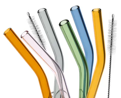 Produktbild von bremermann bunte Glasstrohhalme, gebogene Trinkhalme - 6 Stück, 15 cm Länge inkl. 2 Reinigungsbürsten