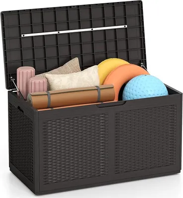 Imagen del producto de Caja de jardín de 380 litros, caja impermeable para cojines, caja de almacenamiento para jardín con tapa y 2 ruedas, ideal para cojines de balcón, terraza y jardín, dimensiones: 111 x 56 x 61 cm (marrón)
