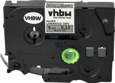 Produktbild von vhbw Schriftband-Kassette kompatibel mit Brother PT 1150, 1150DX, 1160, 1170, 1170S, 1180 Etiketten-Drucker 8m x 6mm Schwarz auf Silber, Laminiert